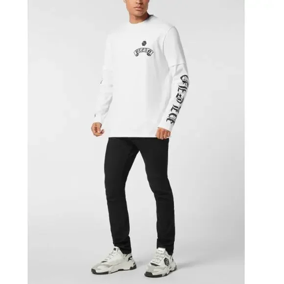 Philipp Plein Men's White Banner Embroidery Double Sleeve T-Shirt Size XXL